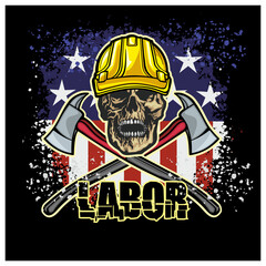 skull in construction safety helmets and tools, grunge vintage design t shirts