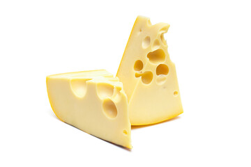 Two wedges of yellow cheese cheese with big holes