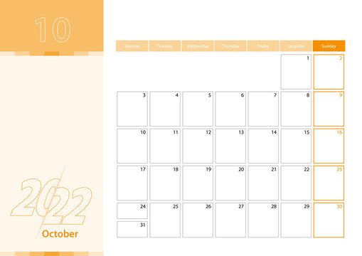 Horizontal planner for October 2022 in the orange color scheme. The week begins on Monday. A wall calendar in a minimalist style.