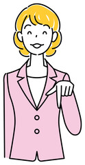笑顔で下の方向を指で指しているスーツ姿の可愛いい女性 ビジネスパーソン イラスト ベクター