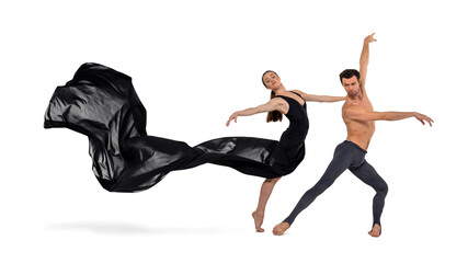 Modern ballet dancer with long flowy black dress posing with a male dancer on white background