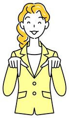 笑顔で下の方向を指で指しているスーツ姿の可愛いい女性 ビジネスパーソン イラスト ベクター