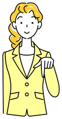 笑顔で下の方向を指で指しているスーツ姿の可愛いい女性 ビジネスパーソン イラスト ベクター