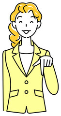 笑顔で下の方向を指で指しているスーツ姿の可愛いい女性 ビジネスパーソン イラスト ベクター