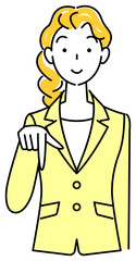 笑顔で下の方向を指で指しているスーツ姿の可愛いい女性 ビジネスパーソン イラスト ベクター