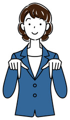 笑顔で下の方向を指で指しているスーツ姿の可愛いい女性 ビジネスパーソン イラスト ベクター