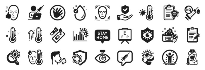 Set of Medical icons, such as Vitamin e, Recovered person, Coronavirus statistics icons. Covid test, Vaccination appointment, Coronavirus pills signs. Weather thermometer, Do not touch. Vector