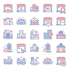 Buildings icons set. Included icon as Arena, Sports stadium, Lighthouse signs. Arena stadium, Circus, Construction building symbols. Market, Buildings, Hotel. Court building, Online market. Vector