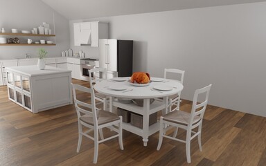 Obraz na płótnie Canvas Roasted turkey for Thanksgiving on dining table in modern kitchen. 3D rendering image.