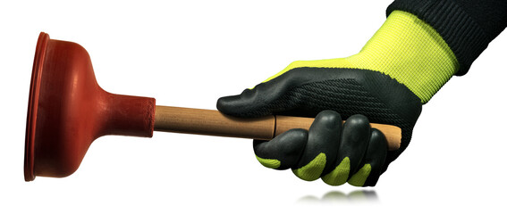 Hand with green and black protective work glove, holding a red rubber plunger with wooden handle,...