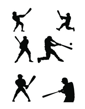 A set silhouette of baseball players on white background