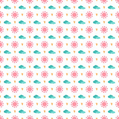 Cute simple seamless pattern with sun, cloud and heart. Children print for textiles, wrapping paper and design. Vector flat illustration