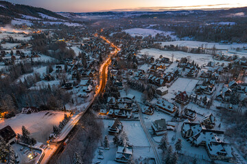 Zakopane Winter Capital of Poland. Aerial Drone Panoramic View at Sunrise