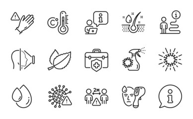 Medical icons set. Included icon as Coronavirus, Social distance, Face id signs. Medical insurance, Use gloves, Serum oil symbols. Covid virus, Mint leaves, Coronavirus spray. Oil drop. Vector