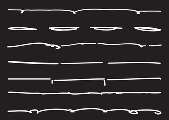 Lines hand drawn vector set isolated on black background. Collection of doodle lines, hand drawn template. Marker and grunge brush stroke lines, vector illustration