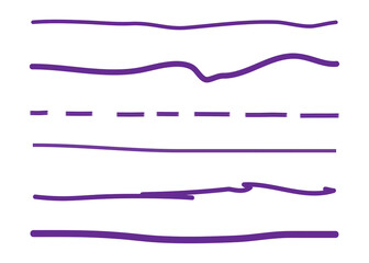 Lines hand drawn vector set isolated on white background. Collection of doodle lines, hand drawn template. Violet marker and grunge brush stroke lines, vector illustration