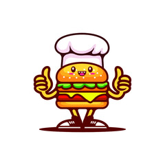 Cute burger cartoon character food mascot giving a thumbs up and wearing a chefs hat - Vector