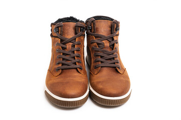 brown leather winter boots with lacing on a white background
