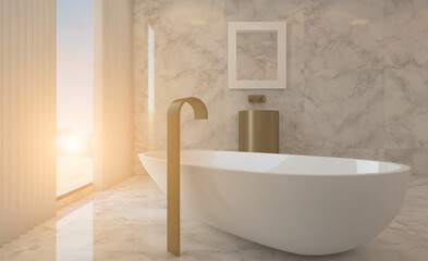 Clean and fresh bathroom with natural light. 3D rendering.. Sunset.