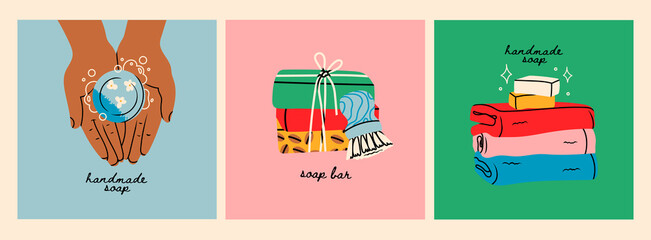 Handmade Soap. Hands holding soap, stack of soap bars, towels. Spa natural treatments, diy cosmetics, bathing, eco, relax concept. Set of three Hand drawn Vector illustrations. Logo, icon templates