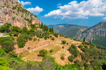 Fototapeta na wymiar Mountain landscape. View of a green mountains on a sunny, spring day (Peloponnese, Greece)