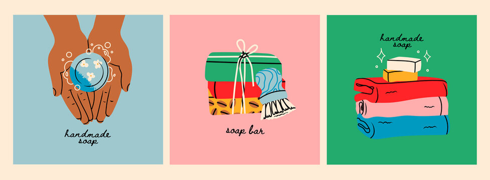 Handmade Soap. Hands holding soap, stack of soap bars, towels. Spa natural treatments, diy cosmetics, bathing, eco, relax concept. Set of three Hand drawn Vector illustrations. Logo, icon templates