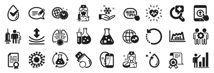 Set of Science icons, such as Resilience, Heartbeat, Time management icons. Freezing, Employees teamwork, Chemistry flask signs. Face biometrics, Infographic graph, Recovery data. Message. Vector
