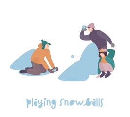 Winter sport and activity. Playing snowballs together. Snowball fight.