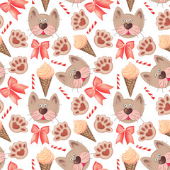 seamless pattern with cats and ice cream and bows for St Valentine Day on white background