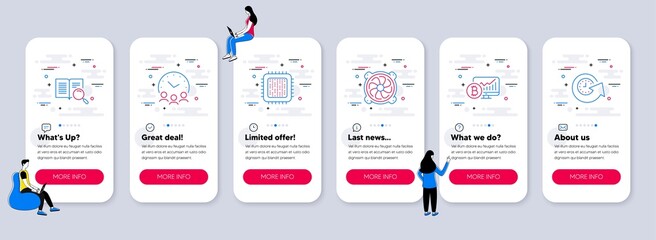 Set of Technology icons, such as Bitcoin chart, Cpu processor, Search text icons. UI phone app screens with teamwork. Meeting time, Computer fan, Update time line symbols. Vector