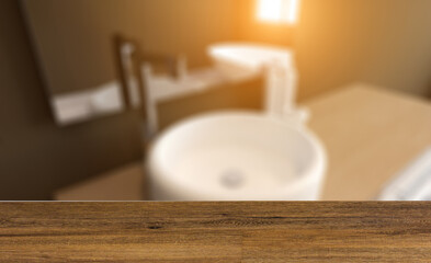 Spacious bathroom in gray tones with heated floors, freestanding. Background with empty table. Flooring.