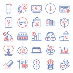 Business icons set. Included icon as Stop shopping, Star, Credit card signs. Unknown file, Euro currency, Scroll down symbols. Shopping, Copyright protection, Laptop. Survey results. Vector