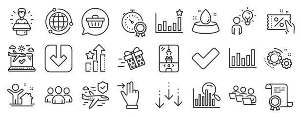 Set of Business icons, such as Gears, Globe, Column chart icons. Scroll down, Shopping cart, Brand ambassador signs. Airplane travel, Ranking stars, Efficacy. Touchscreen gesture, Search. Vector