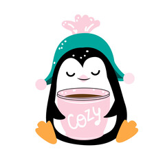 A funny penguin and pink cup. Vector illustration for christmas and new year. Doodle style