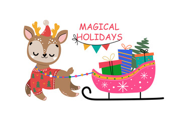 Beautiful cartoon Christmas deer and sleigh with gifts. Vector illustration for the new year. Scandinavian style