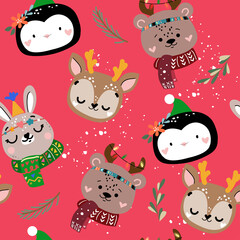 Christmas animal heads in doodle style seamless pattern on a red background. Deer, bunny, penguin and bear. Vector illustration