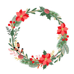 Christmas and New Year vector illustration with xmas wreath. Decor. Template decoration