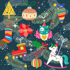 Naklejka premium Christmas decorations for the tree and xmas elements in vintage style seamless pattern for children. Vector illustration with unicorn, owl, socks