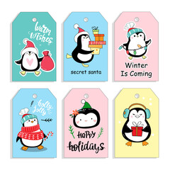 Christmas cards with funny penguins. Vector cartoon illustration for children