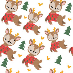 Christmas seamless pattern with reindeer in vintage style for children. Vector illustration. Doodle style