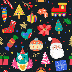 Christmas elements in vintage style on a black background seamless pattern. Vector illustration
