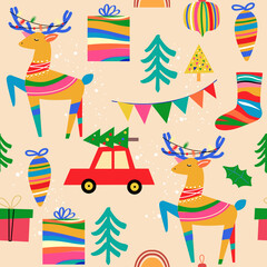 Christmas deer and xmas elements in vintage style seamless pattern. Vector illustration with deer, balls, christmas tree