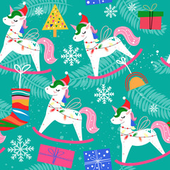Christmas seamless pattern with unicorn and xmas elements in vintage style for children. Vector illustration © Lucky Project