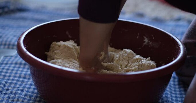 Baker hands kneading dough in flour on the table
