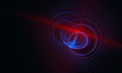 Galactic 3d orbit of glowing radiance of red and blue light in shape of beam and fading helix rings. Fantastic digital illustration of sound and vibration. Great as cover for electronics, print. - 476402714
