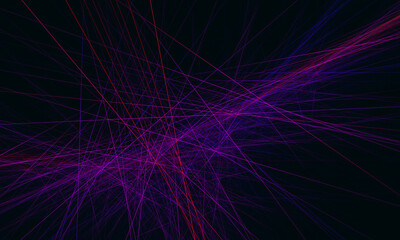 Laconic bunch of digital laser beams levitating in deep dark dimension of space. Glowing purple violet cluster of rays in 3d geometry create concept of matrix, electronic futurism, virtual reality.