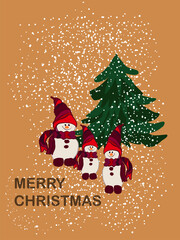 Vintage vector card with green Christmas trees and snowmen on a brown background. Merry Christmas!