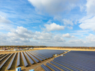 Aerial view of Solar panel, photovoltaic, alternative electricity source - concept of sustainable resources on a sunny day