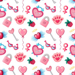 design of pattern of various pink items for Saint Valentine Day on white background