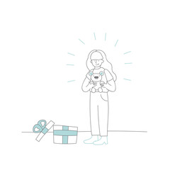 Happy cartoon girl disassembles a heap of gift box with ribbon line drawing illustration. Smiling girl holding presents bear, having positive emotion. Surprised female with a gifts